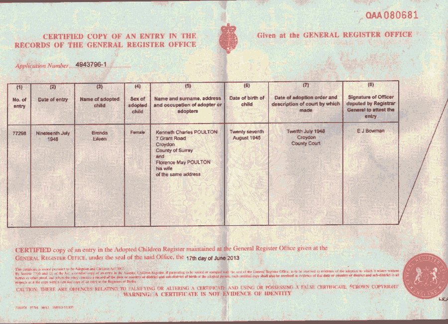 Brenda Swart (Poulton) - Adoption Certificate