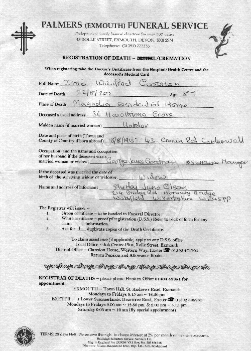 Doris Goodman - Registration of Cremation