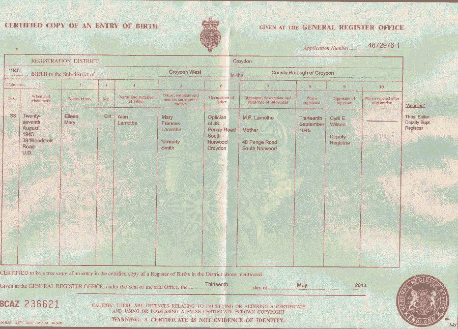 Eileen Mary Lamothe - Birth Certificate