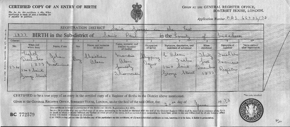 Johan Martinius Olsen - Birth Certificate