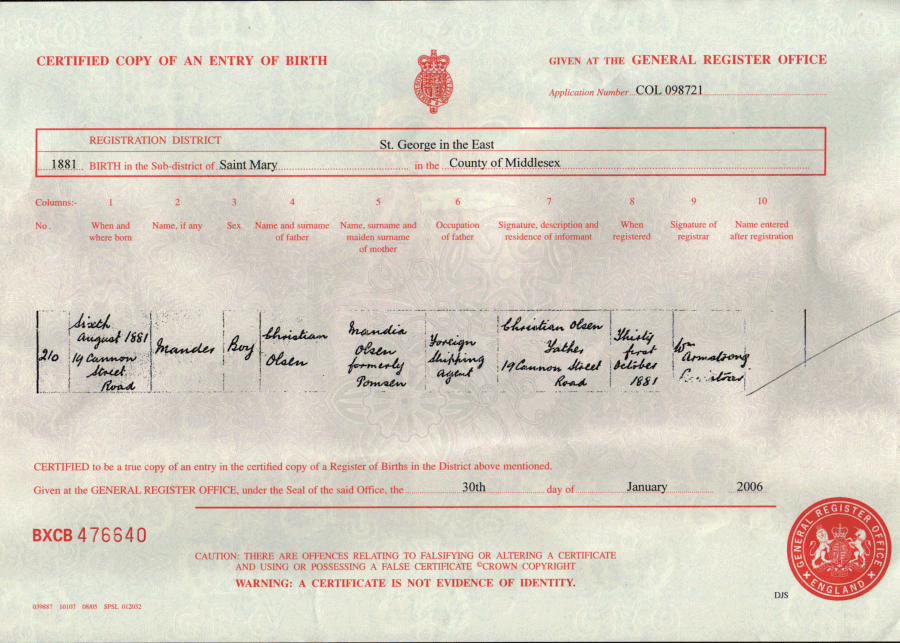 Mander Olsen - birth certificate