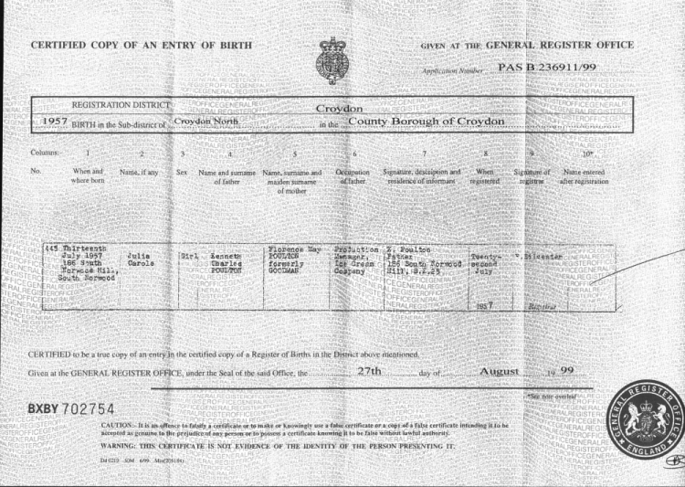 Julia Carole Poulton - Birth Certificate