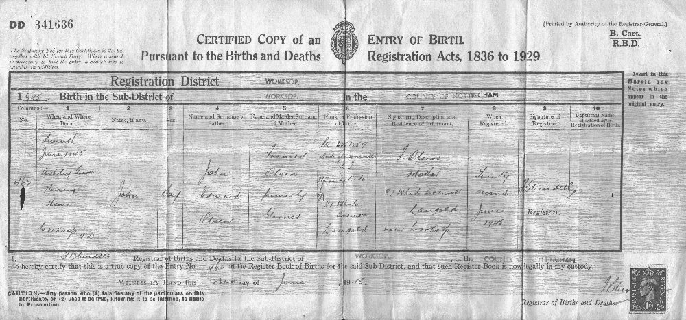 John Olsen - Birth Certificate