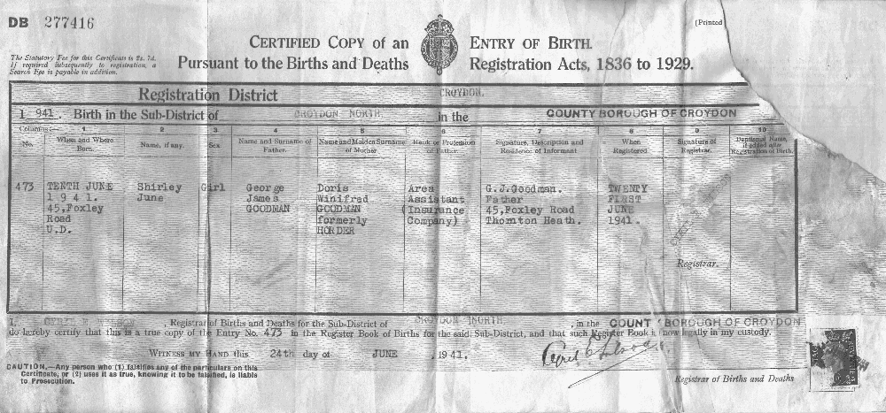 Shirley June Olsen - Birth Certificate