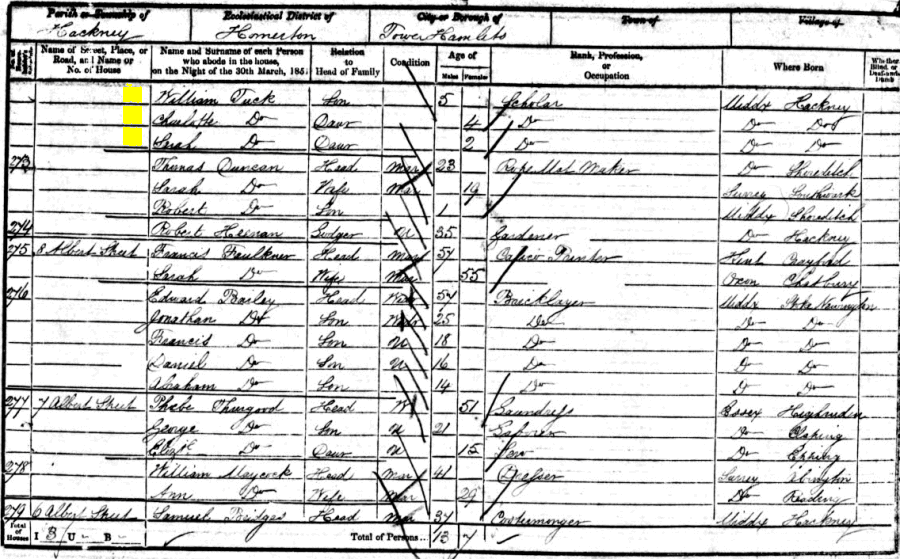 John and Ann Tuck and family 1851 census returns