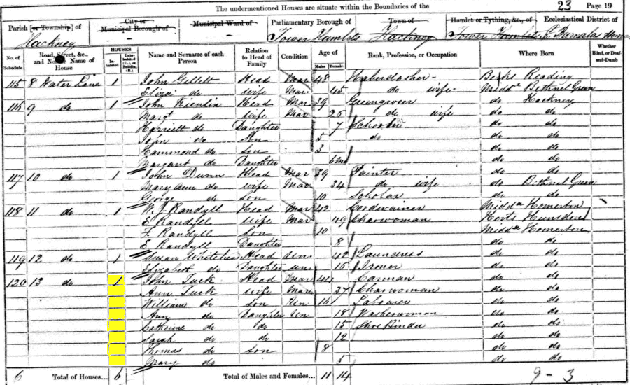 John and Ann Tuck 1861 census returns