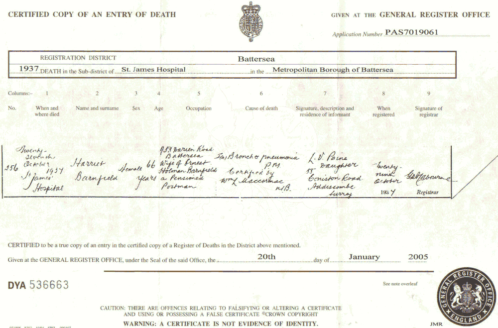 Harriet Barnfield (ne Oldfield) Death Certificate