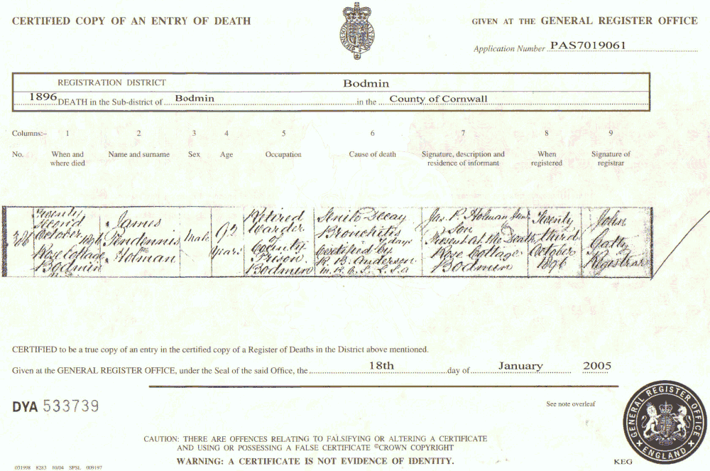 James Pendennis Holman Death Certificate