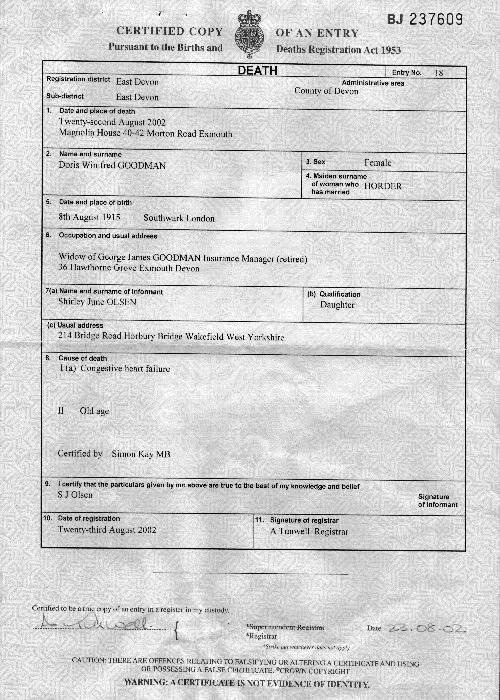 Doris Goodman - Death Certificate