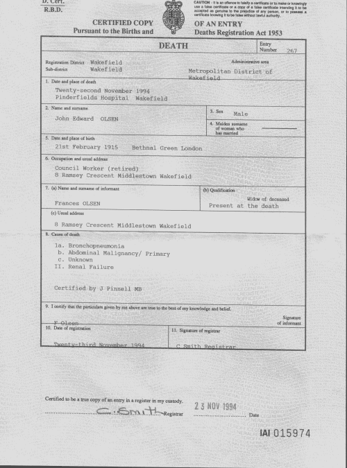 John Edward Olsen - Death Certificate