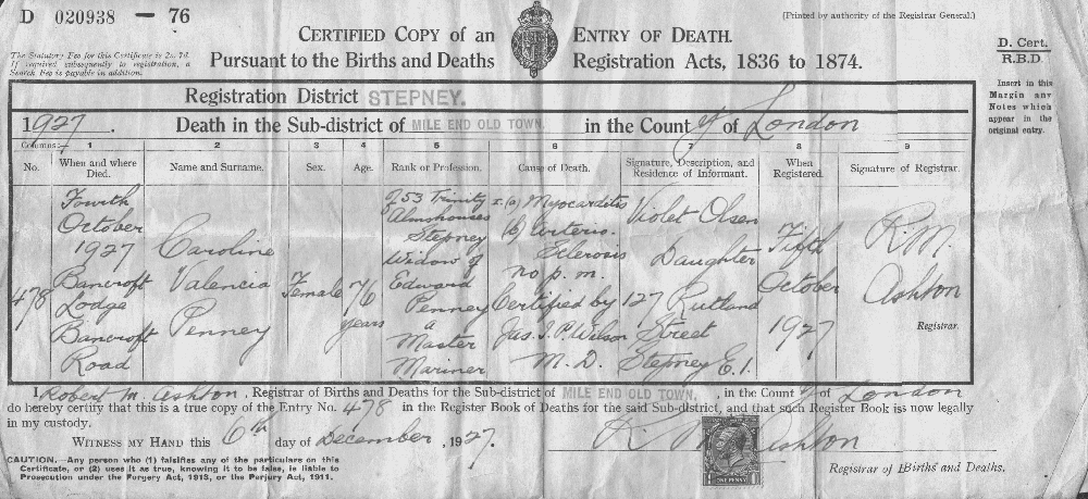 Caroline Valencia Penney - Death Certificate