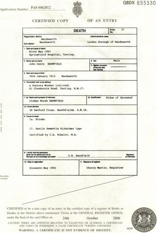 John Henry Barnfield - Death Certificate
