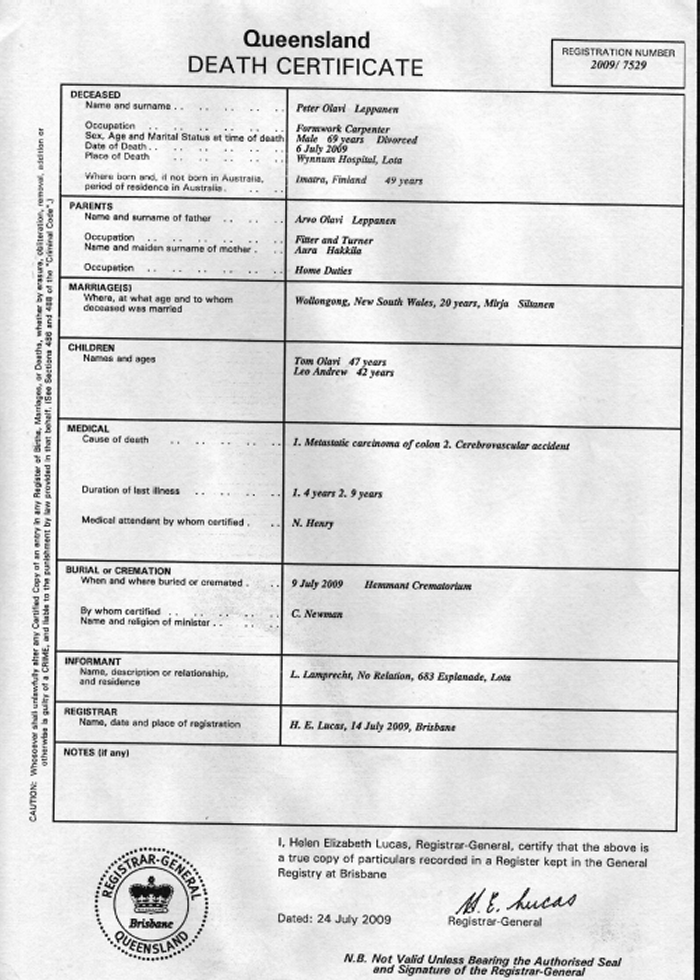 Peter Leppanen - Death Certificate