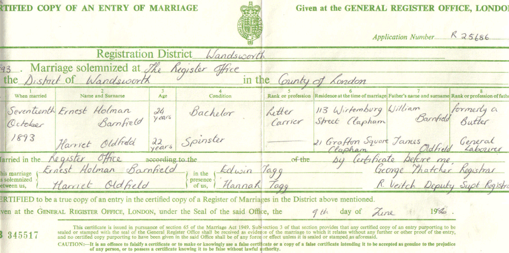 Ernest Holman Barnfield and Harriet Oldfield Marriage Certificate