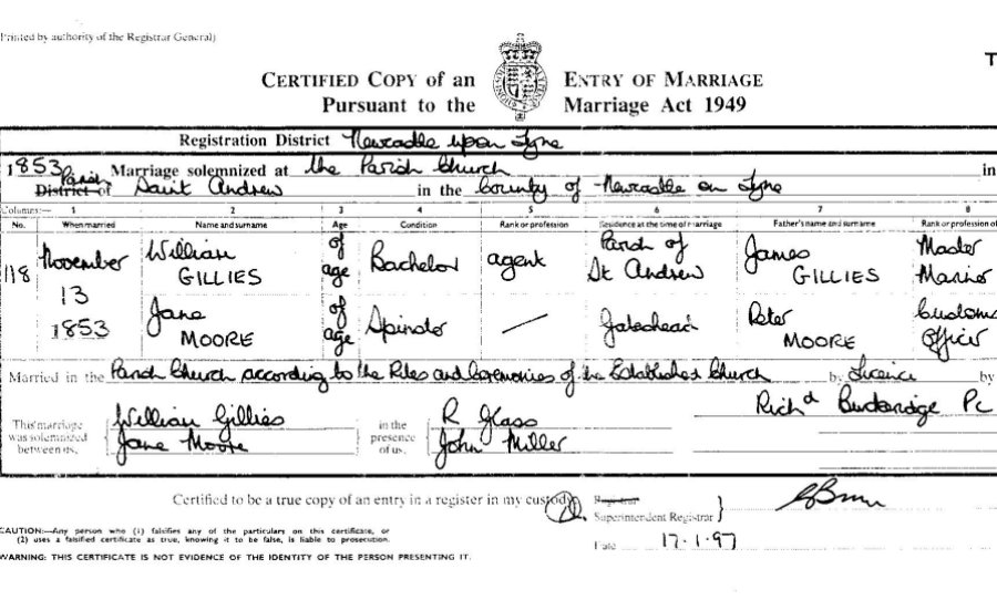 Marriage certificate William Gillies and Jane Moore