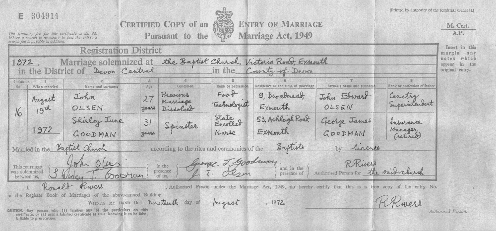 John Olsen - Marriage Certificate