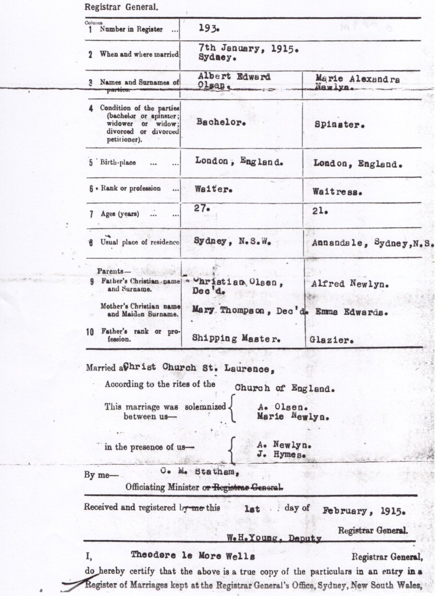 Wedding Certificate Albert Charles Olsen and Marie Alexandra Newlyn