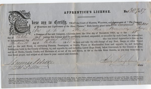 Robert James Baker - Apprentice's License