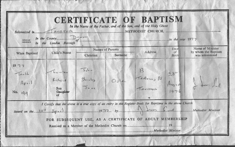 Thurstan Richard Olsen - Baptism Certificate