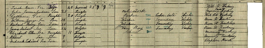 1911 census returns for Sarah Ann Lee and family