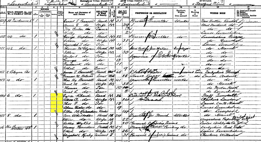 1901 census returns for Ezra Lobb and Alice Ann Rhead and family