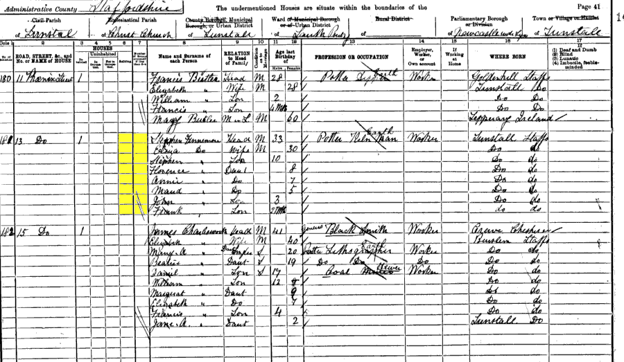 1901 census returns for Stephen and Eliza Finnemore and family