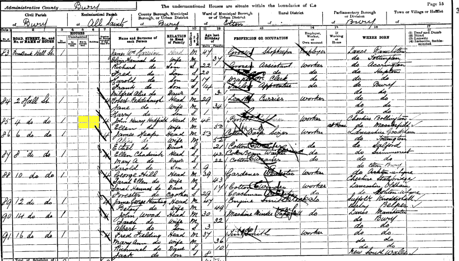 1901 census returns for John Henry and Ellen Hadfield