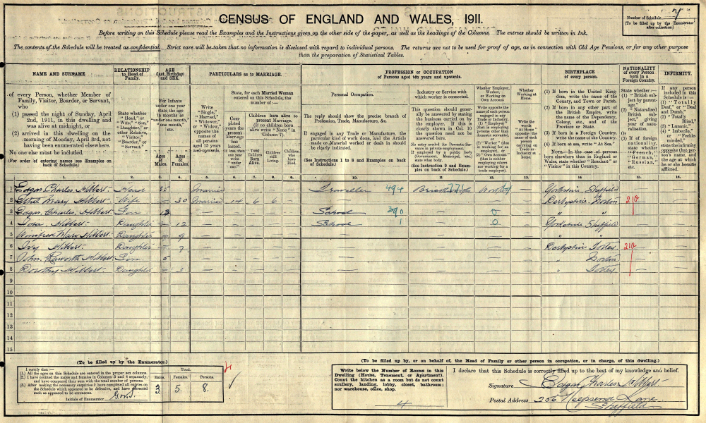1911 census returns for Edgar Charles Hibbert and Ethyl Mary Fearnehough and family