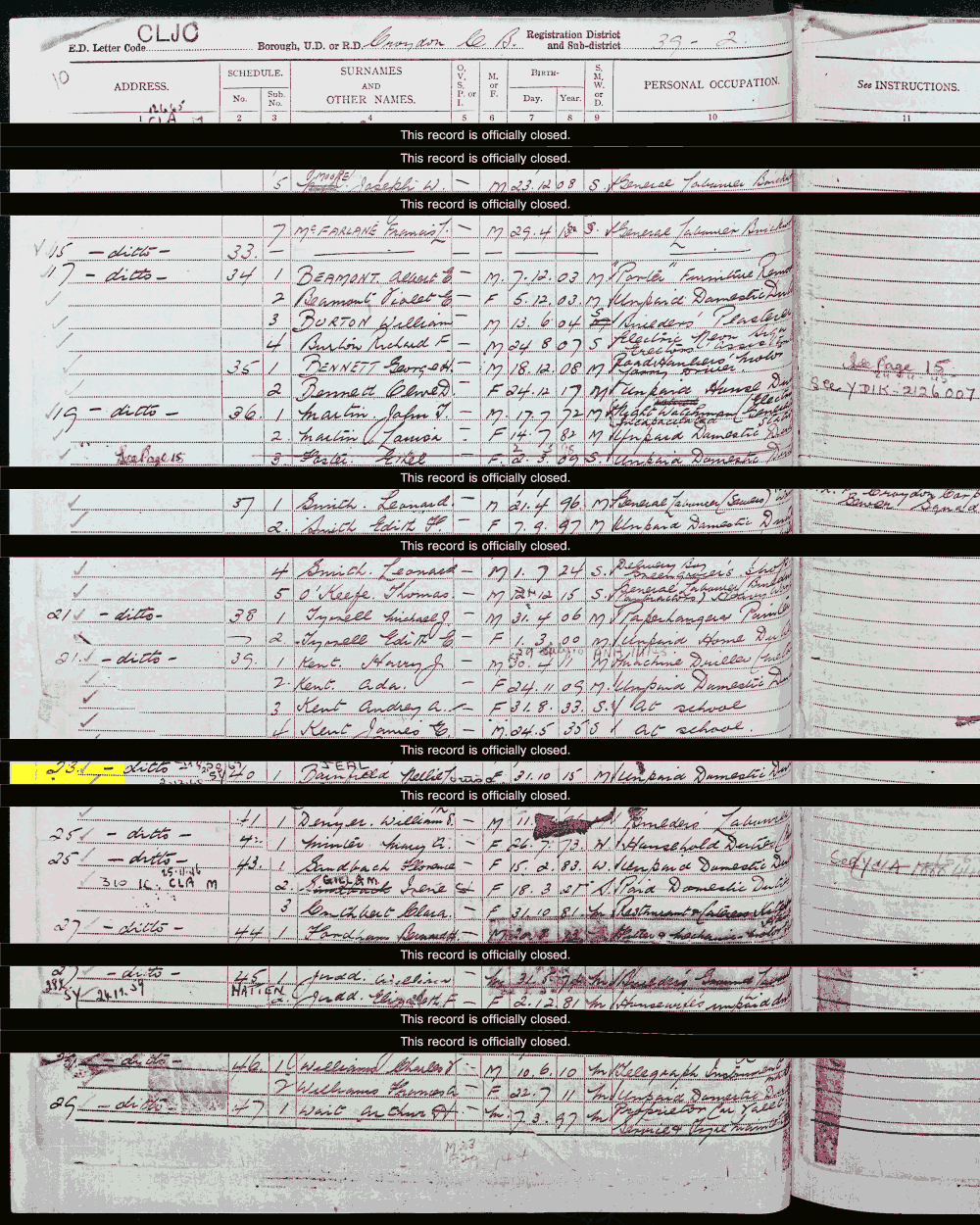 1939 census returns for Nellie Louise Barnfield