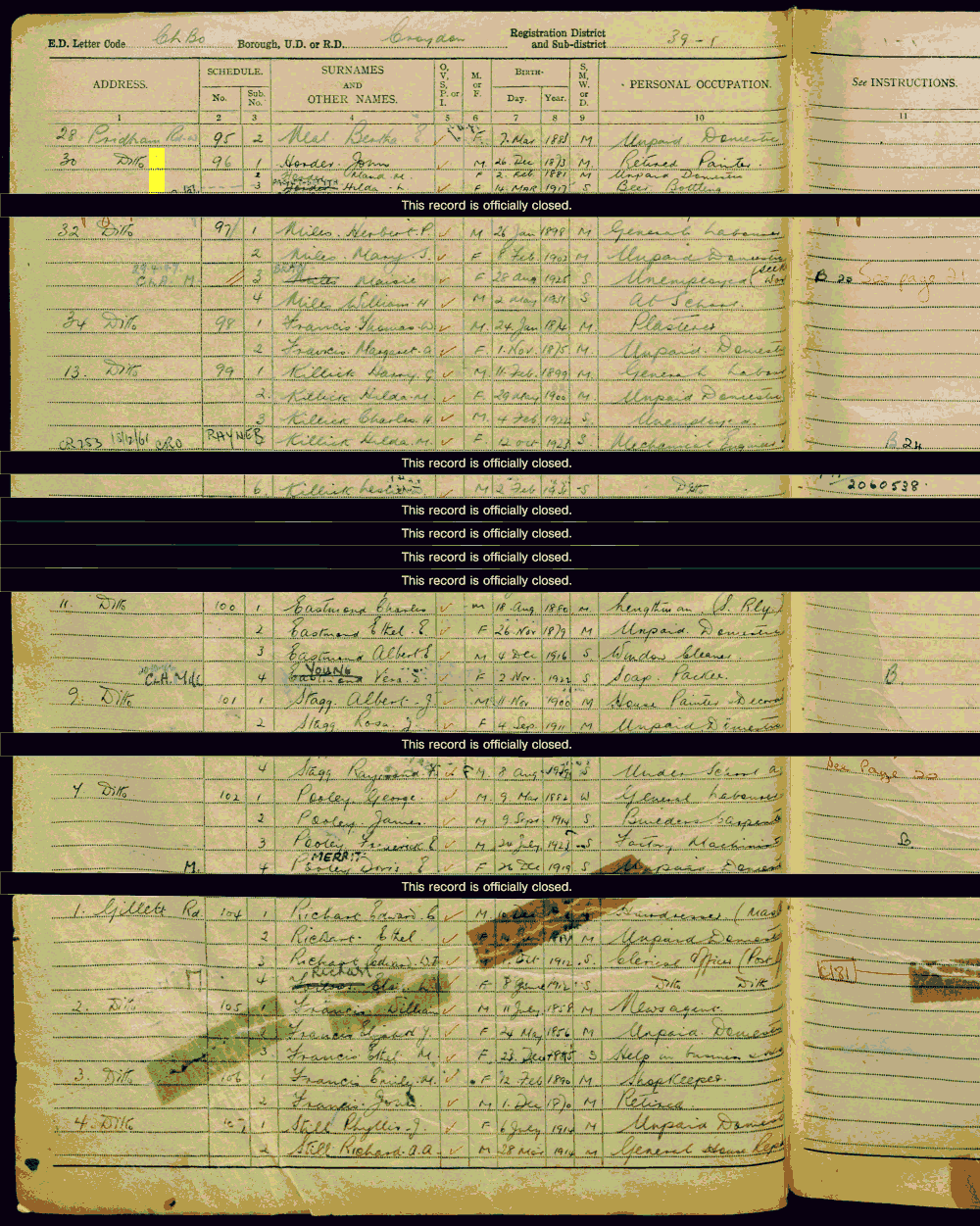 1939 census returns for John and Maud Horder and Hilda Horder