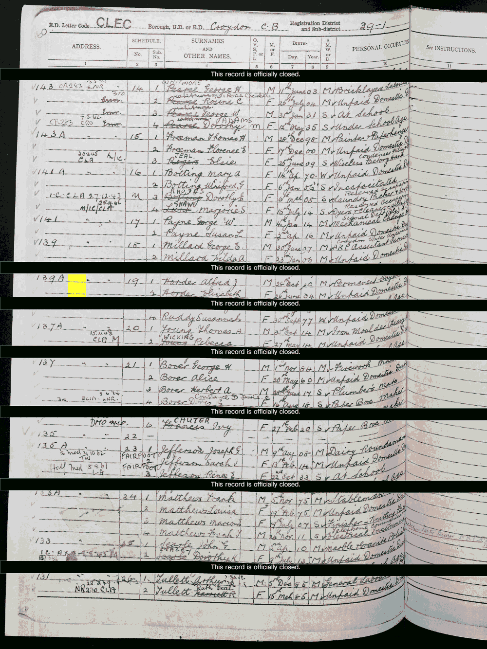 1939 census returns for Alfred and Elizabeth Horder