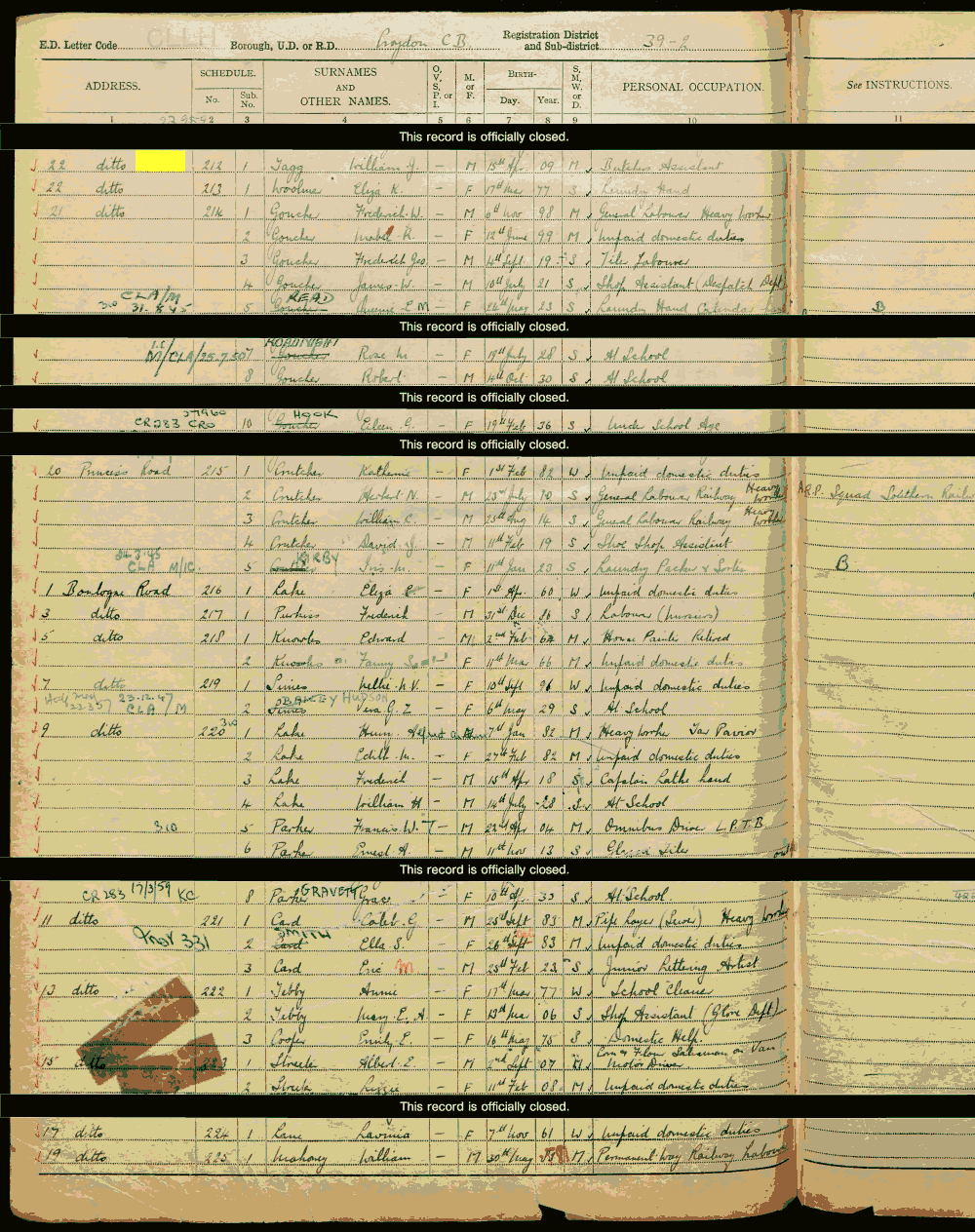 1939 census returns for William J Tagg