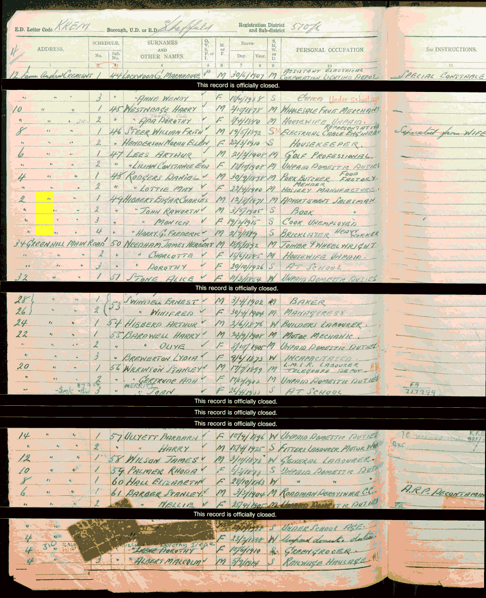 1939 census returns for Edger Charles Hibbert and Monica Hibbert