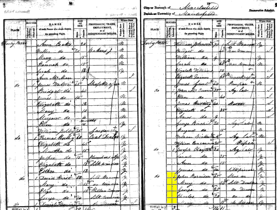 1841 census returns for John and Mary Harrison and family