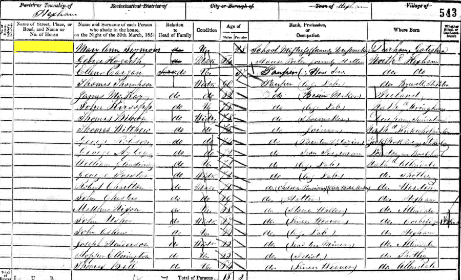 1851 census returns for Mary Ann Seymour