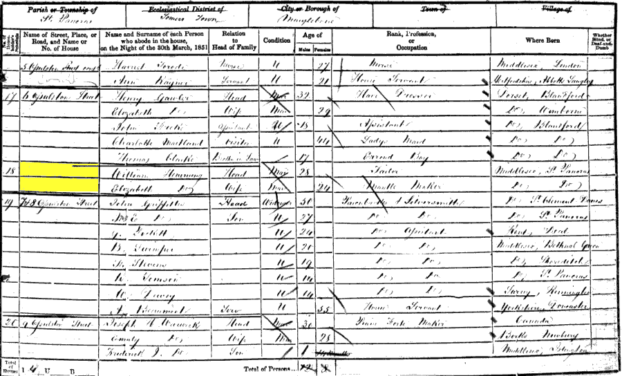 1851 census returns for William and Elizabeth Heming