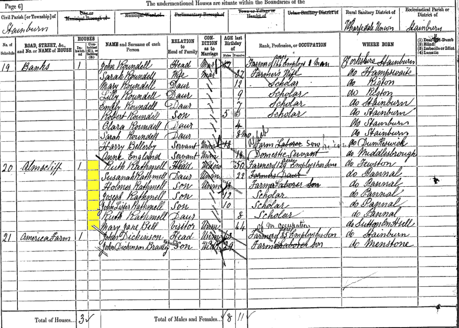 1881 census returns for Ruth Rathmell and family