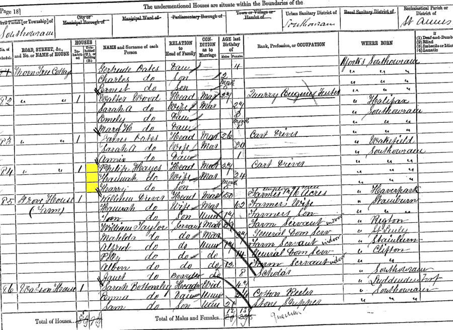 1881 census returns for Philip and Hannah Hayes and family