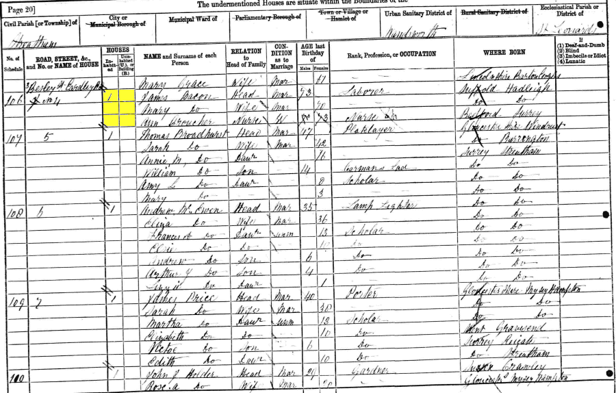1881 census returns for James and Mary Bacon