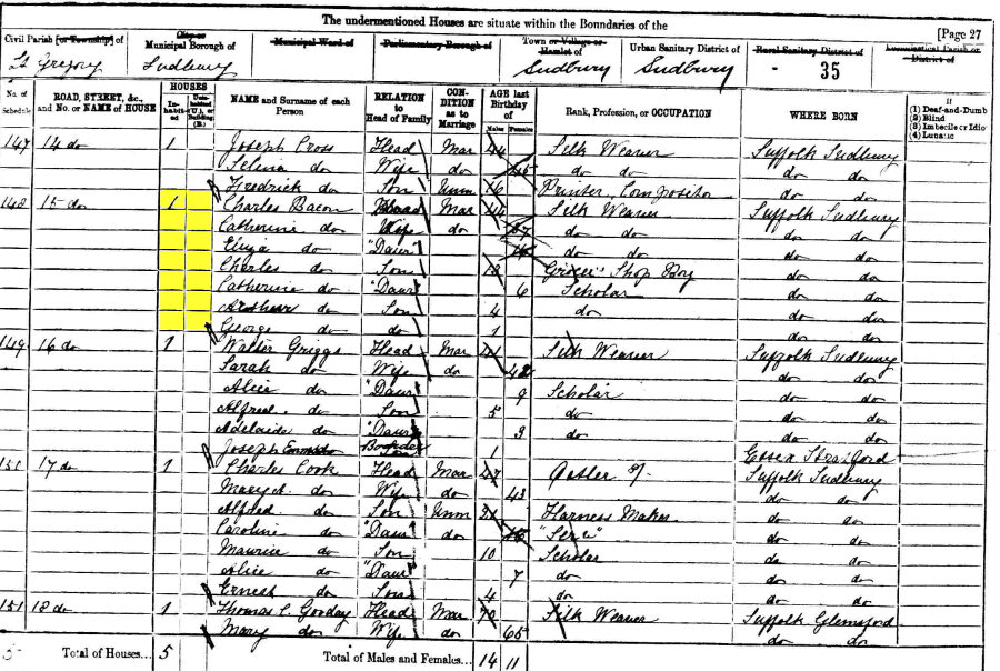 1881 census returns for Charles and Catherine Bacon and family