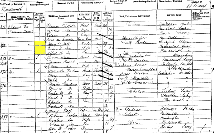 1881 census returns for Henry and Emma Maria Hill and family
