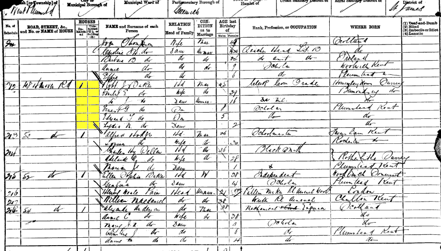 1881 census returns for Robert James and Emily Elizabeth Baker and family