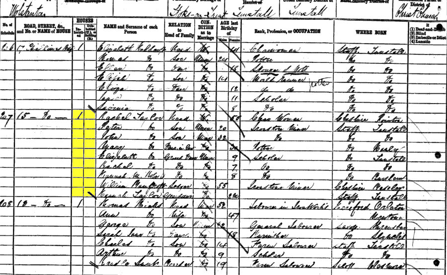 1881 census returns for Rachel Taylor and family