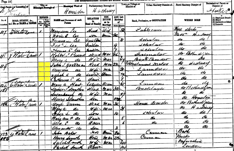 1881 census returns for John William and Mary Ann Goodman