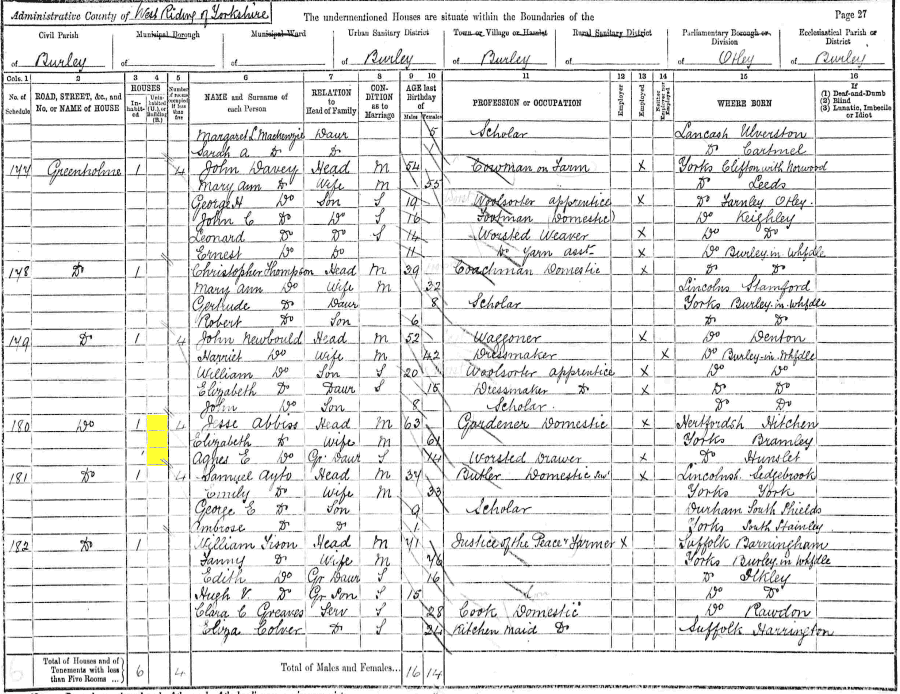 1891 census returns for Jessie and Elizabeth Abbiss and family