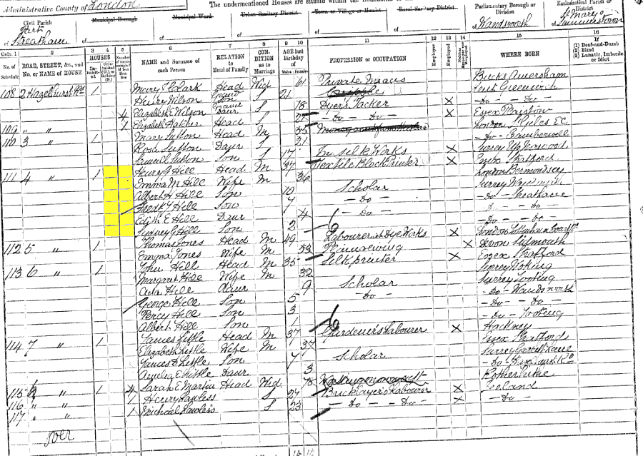 1891 census returns for Henry and Emma Maria Hill and family