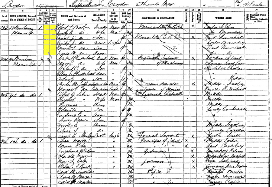 1891 census returns for Robert James and Emily Elizabeth Baker and family