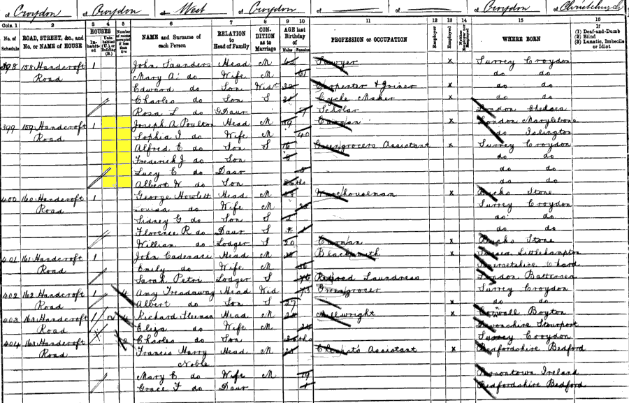 1891 census returns for Joseph Arthur and Sophia Jane Poulton and family