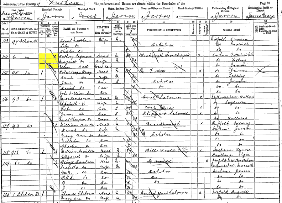 1891 census returns for Anthony and Margaret Seymour and family