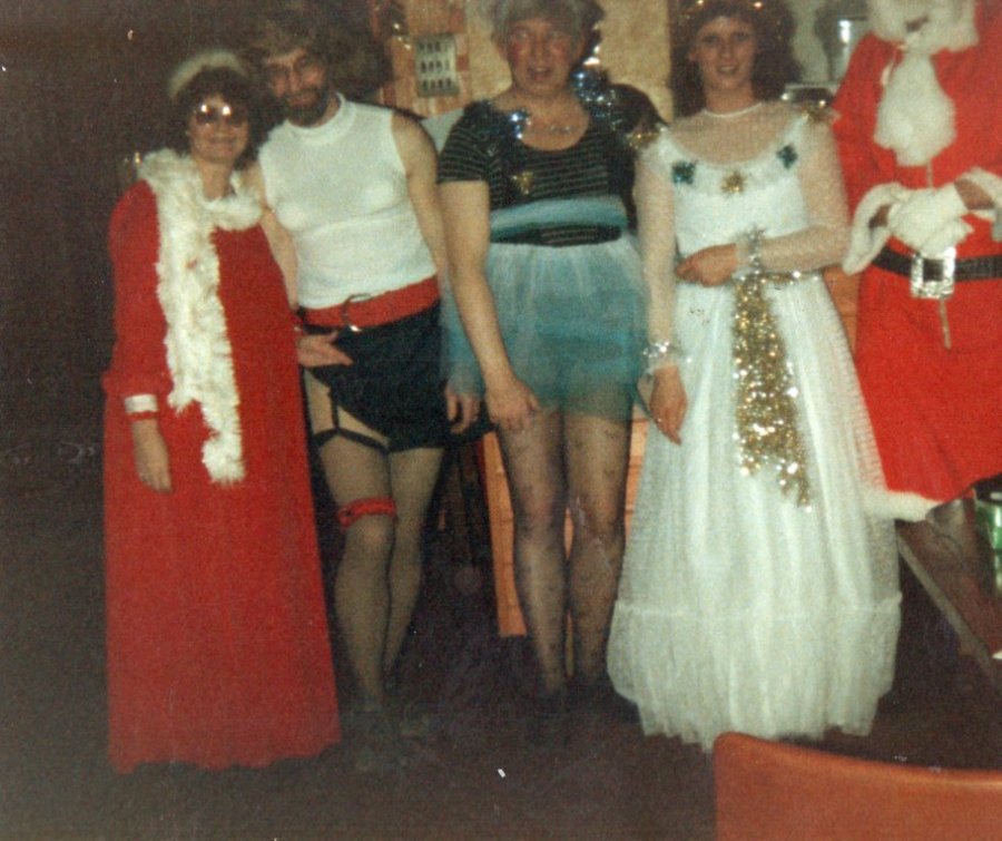 Xmas Charity Dress Up. Dot, ?, John, ?, Jim. Crown Bingo Tavistock c1987